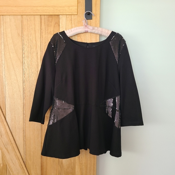 Eloquii Black Knit Peplum Top Sequin Waist & Shoulders Scoop Neck 3/4 Sleeves 24 - Picture 2 of 6